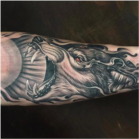 Tattoos - Realistic Wolf and Sun in Black and Gray - 129165