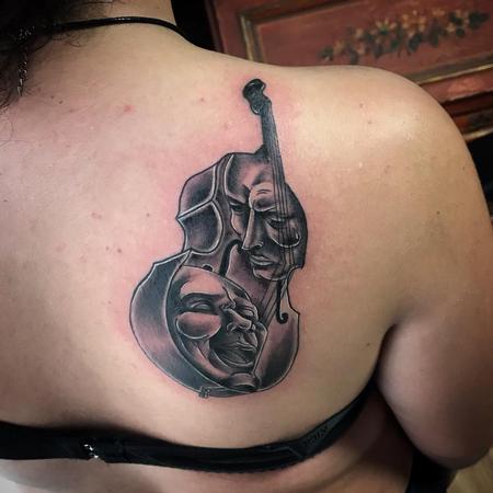 Tattoos - Double Bass with Drama Masks in Black and Gray - 130909