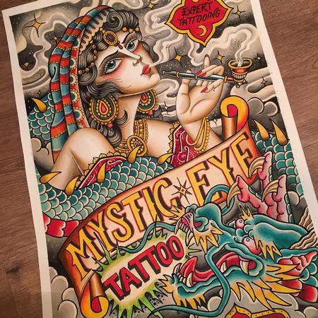 Tattoos - Cartel Chica Fumando con Dragón - 131360
