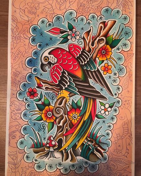 Tattoos - Loro Estilo Tradicional Posado en Rama con Flores a Color - 131817
