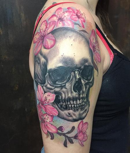 Tattoos - Skull and cherry flowers - 132934