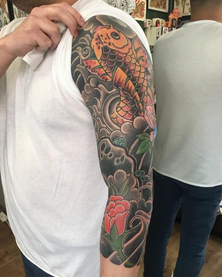 Tattoos - Japanese 3/4 sleeve / Koï carp and flowers - 133463