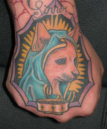 Chris Lowe - Virgin Mary Chihuahua on a fellow tattooer Jason Deliberto