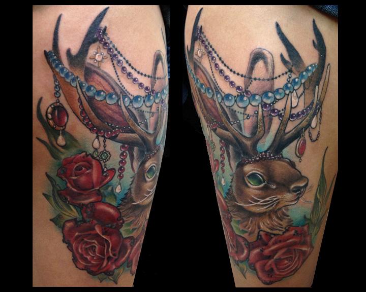jackalope tattoo with fancy beads by nakota garza tattoonow