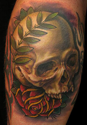 Comments This is a newschool skull and wreath tattoo by Nate Beavers