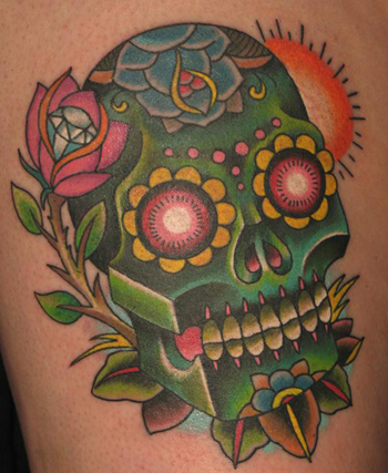 Comments this is a traditional green sugar skull tattoo by Nate Beavers