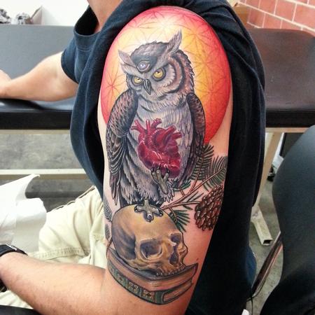 Tattoos - color traditional owl with realistic skull and heart - 91691