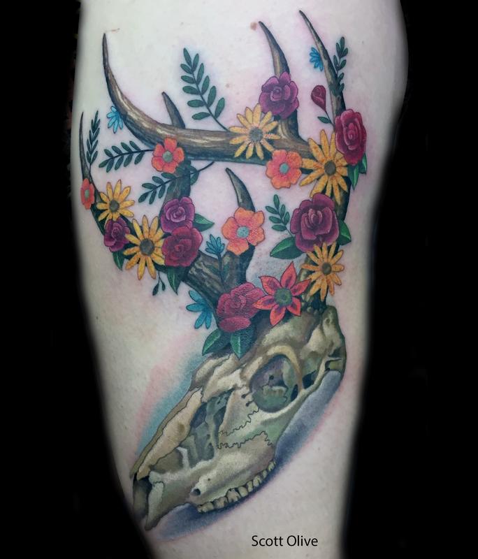 floral deer skull by scott olive tattoos floral deer skull by scott olive tattoos