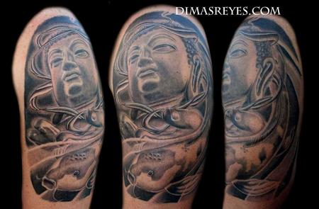 Black and Grey Buddha and Koi Fish Tattoo