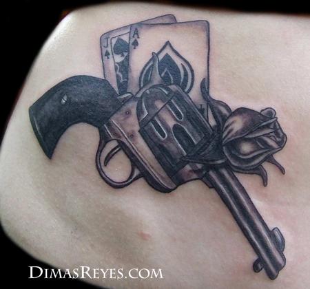 Dimas Reyes Black and Grey Pistol Tattoo