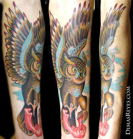 Dimas Reyes Full Color Traditional Owl Tattoo