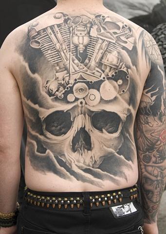 Oak Adams - Black and Gray Skull and Motorcycle Engine Tattoo