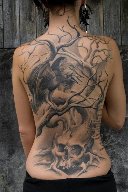 Tattoos - Crow and Skull Back Tattoo - 134555