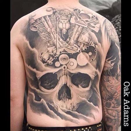 Tattoos - Skull and Motorcycle Motor Back Tattoo - 134551