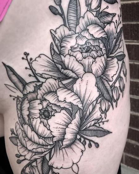Zane Collins - Black Line Work Flowers Tattoo