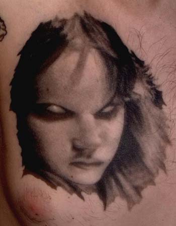 Tattoos - Creepy black and gray girl portrait tattoo - 28922