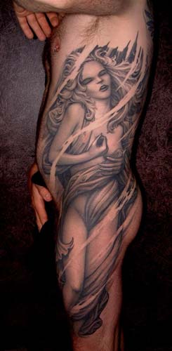 Tattoos - Black and gray woman full side tattoo - 28924