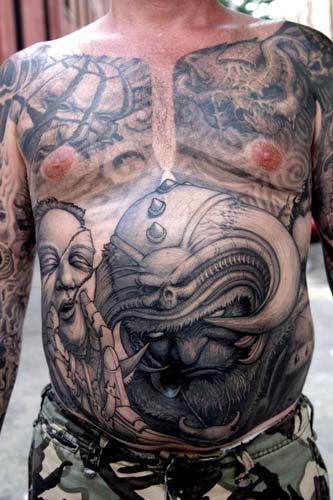 Tattoos - Horned helmet demon stomach tattoo - 28927