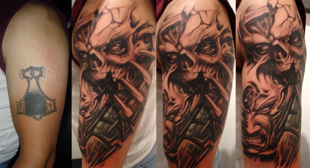 freehand biomechanical skull cover up by toxyc tattoonow freehand biomechanical skull cover up by toxyc tattoonow