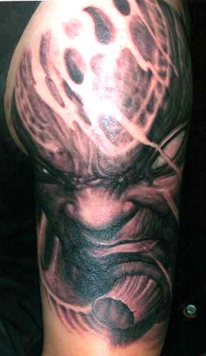 custom creepy horror black and gray horned demon tattoo