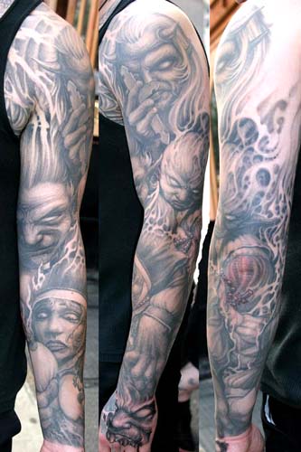 custom evil demon with crucifix and nun black and gray horror sleeve tattoo