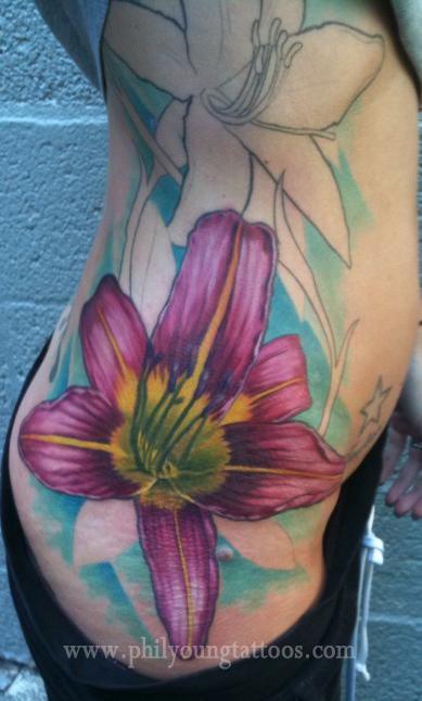 Lily tattoo on the side in progress Keyword Galleries Color Tattoos