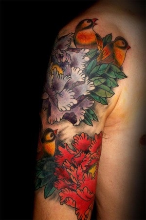 Tattoos Deidre Doyle Japanese Inspired Bird and Flower Half Sleeve