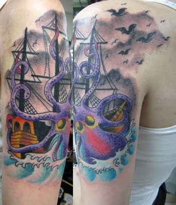 Tattoos Kike Castillo Octopus and Ship Traditional Tattoo