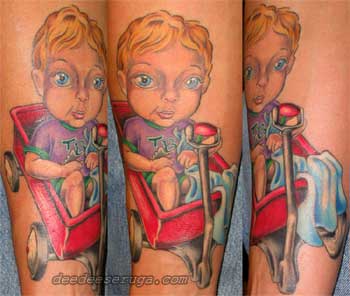 Dee Dee - Little boy in red wagon color tattoo