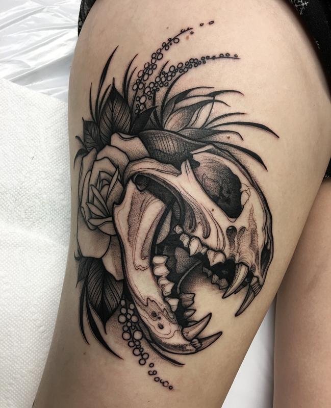 Blackwork Cat Skull and Rose Tattoo by David Mushaney by ...