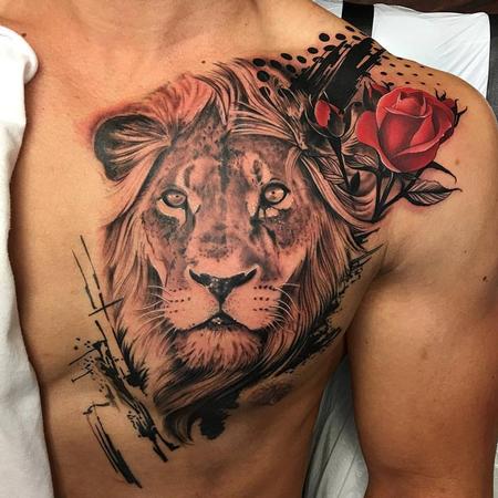 Tattoos - Trash Polka Style Lion and Rose - 119297