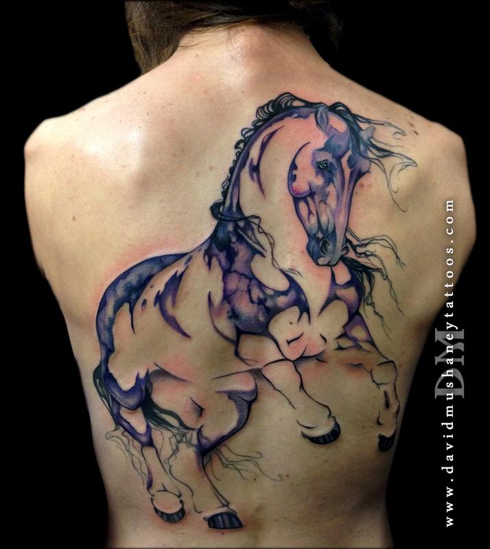 large scale watercolor style horse tattoo by david large scale watercolor style horse tattoo by david