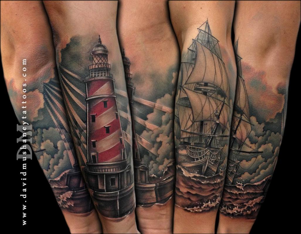 lighthouse and ship half sleeve tattoo by david mushaney lighthouse and ship half sleeve tattoo by david mushaney