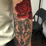 Tattoos - Trash Polka Style Wolf and Rose Tattoo - 102016