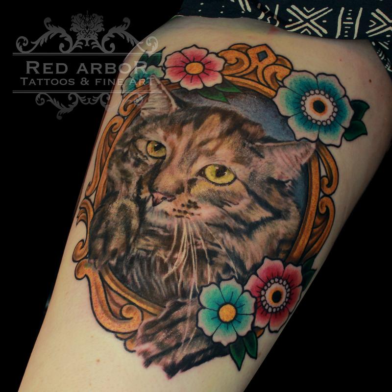Kitty Cat Flowers in a Frame Tattoo by Cory Claussen TattooNOW