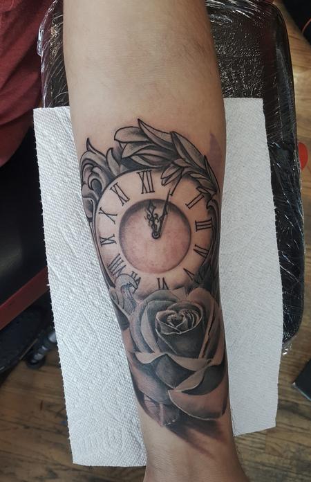 Tattoos - clock and rose - 132234