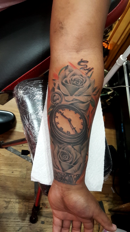 Tattoos - roses with clock - 132698