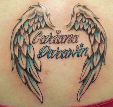 Angel wings with kids names Tattoos 