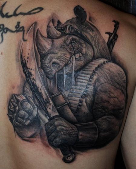 Tattoos - Black and Gray Rhino Tattoo - 59445