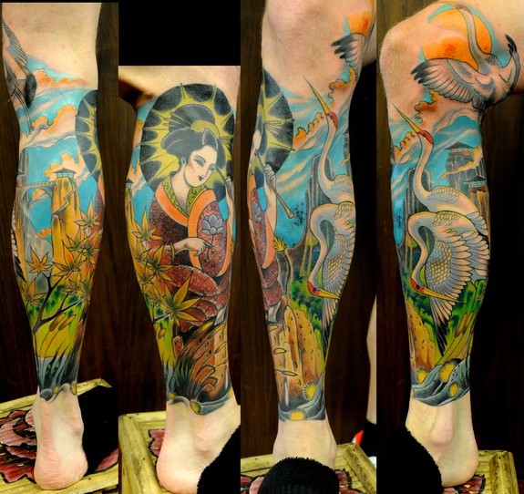 Tattoos - Joshua Bowers - Japanese style geisha and cranes