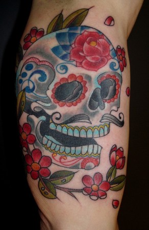 Tattoos Tattoos Body Part Arm Sleeve mustached sugar skull with flowers