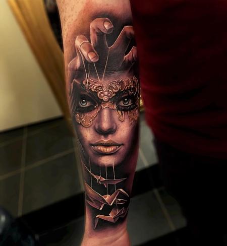 Sam Barber - Masked Woman, Crane Puppets Forearm Tattoo