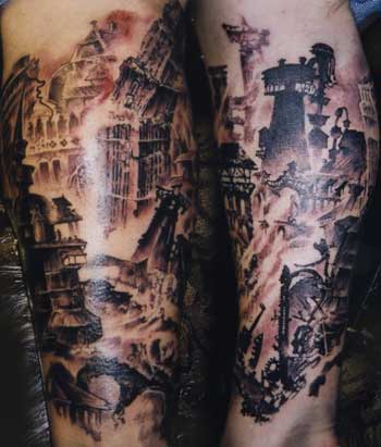 Tattoos Chris Dingwell Burning City scape click to view large image