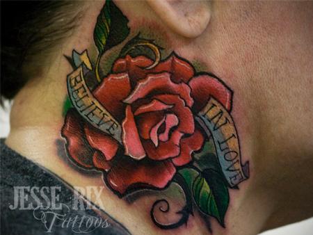 Traditional Rose Neck Tattoo