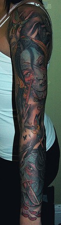 Tattoos - Nature Animal Butterfly tattoos - full view of namakubi severed head with butterflies sleeve tattoo