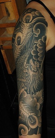 Dana Helmuth - front view of phoenix with clouds japanese sleeve tattoo