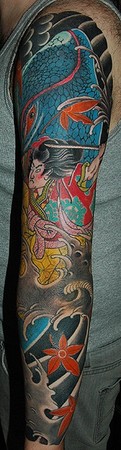 Dana Helmuth - back view of samurai and whale japanese sleeve tattoo