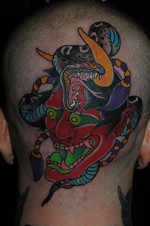 Tattoos - Dana Helmuth - hannya and snake on back of head