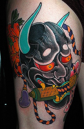 Tattoos - Dana Helmuth - hannya with sacred scroll and peony