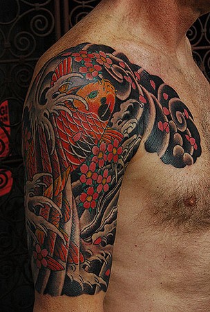 Tattoos - Dana Helmuth - koi and sakura half and chest main view